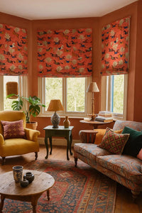 Thumbnail for Living room with orange walls, patterned curtains, and furniture.