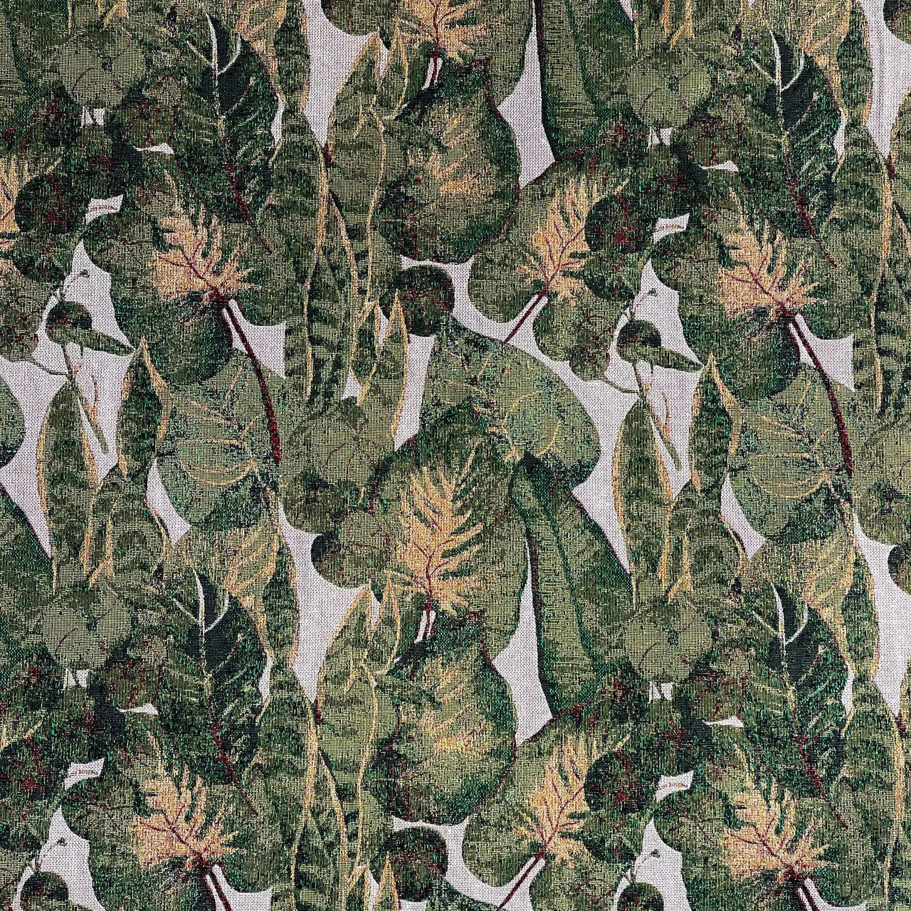 Full view of Evergreen tropical foliage pattern on cotton-mix upholstery fabric with calathea and ficus leaves