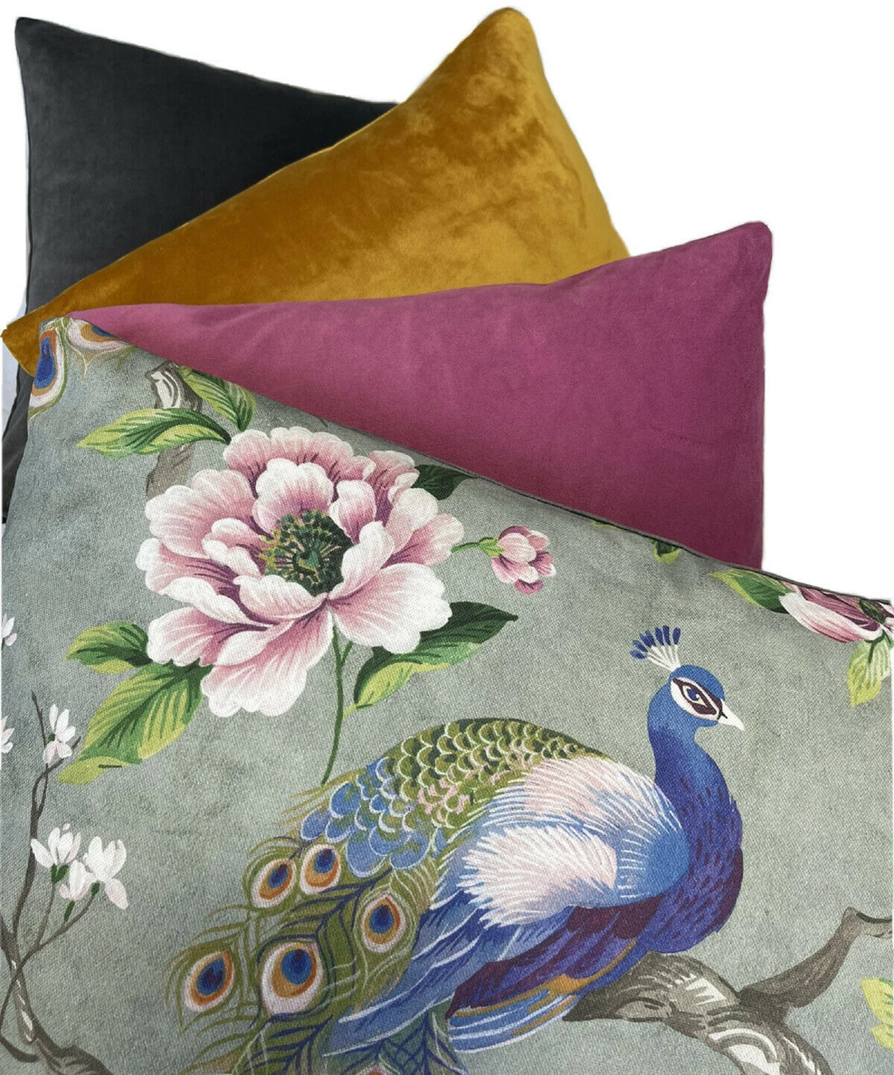 Botanical peacock print pillow with flower details.