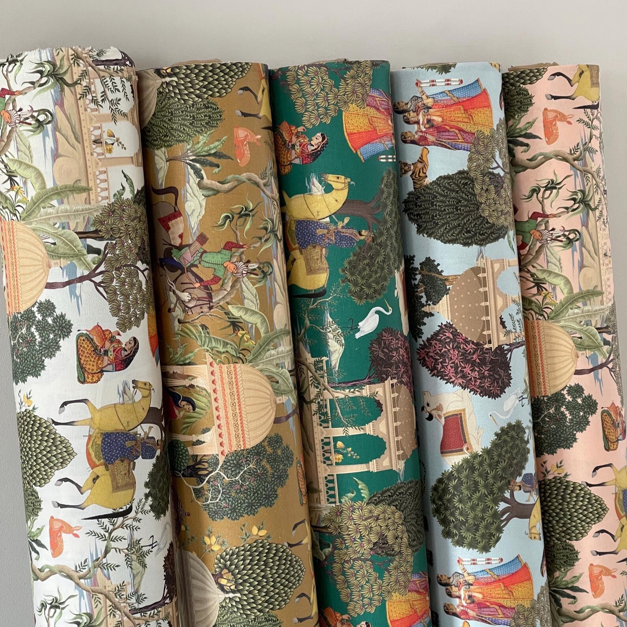 Royal courtyard and exotic flora fabric rolls