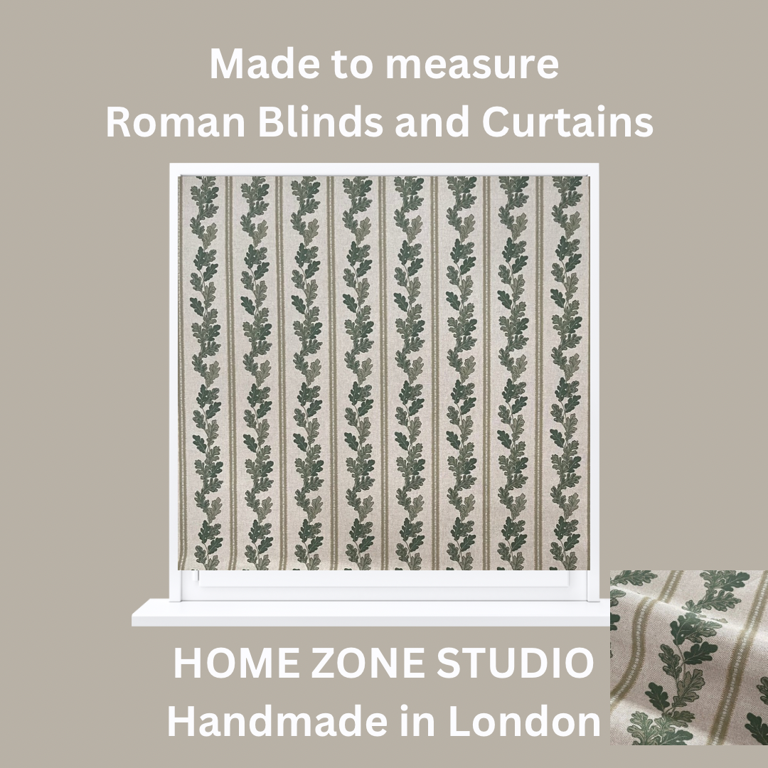 Roman blind with leaf pattern on a neutral background, featuring text about Home Zone Studio.
