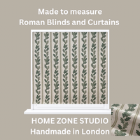 Thumbnail for Roman blind with leaf pattern on a neutral background, featuring text about Home Zone Studio.