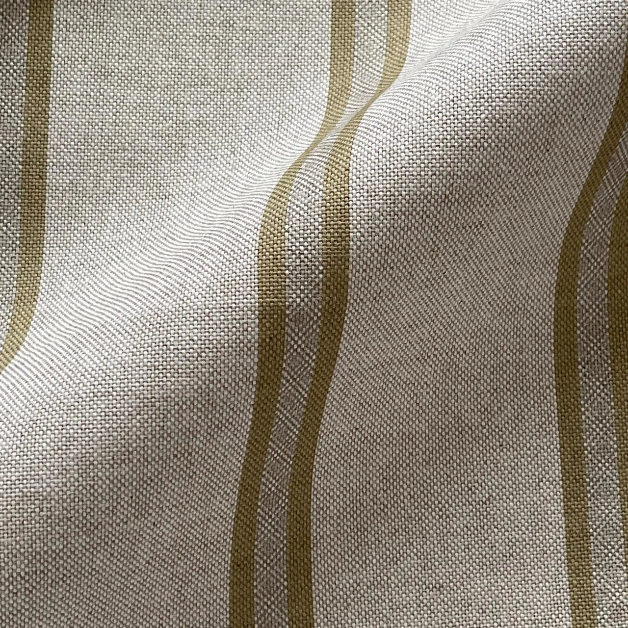 Farmhouse ticking stripe fabric in natural linen look with soft gold stripe cotton blend