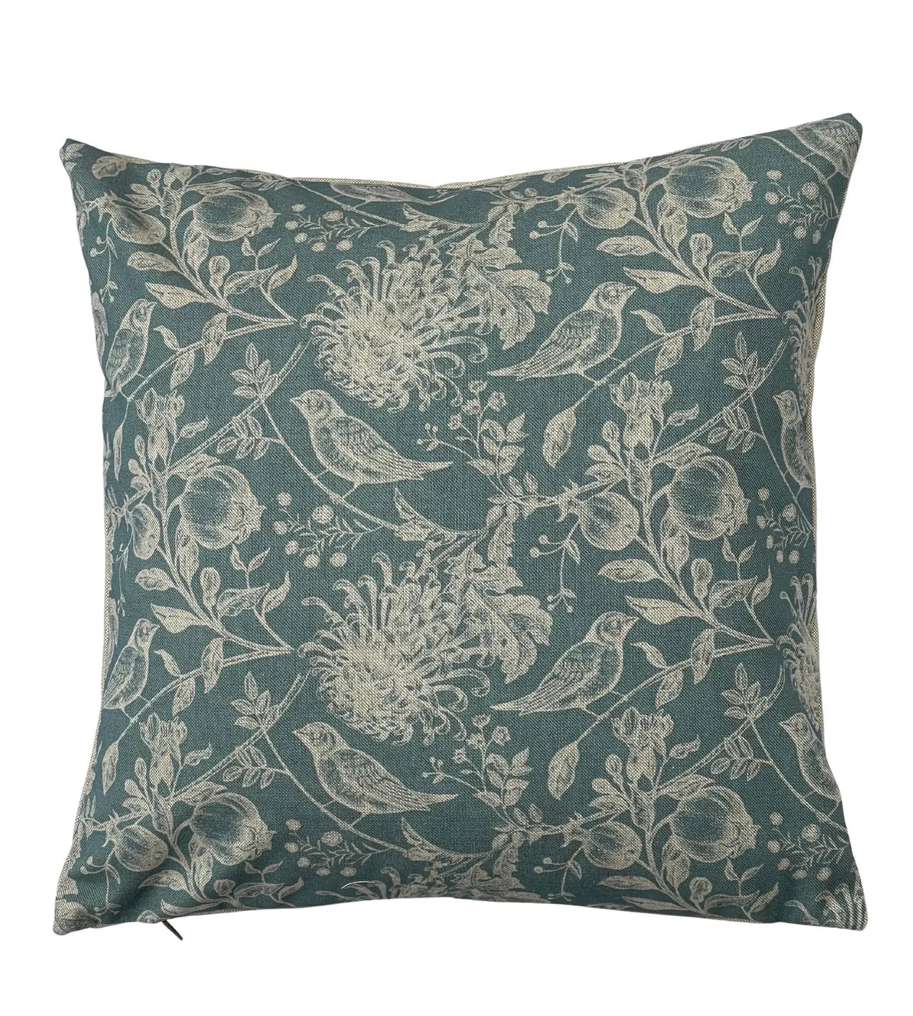 Rustic country cushion with robins and flowers in cream line art