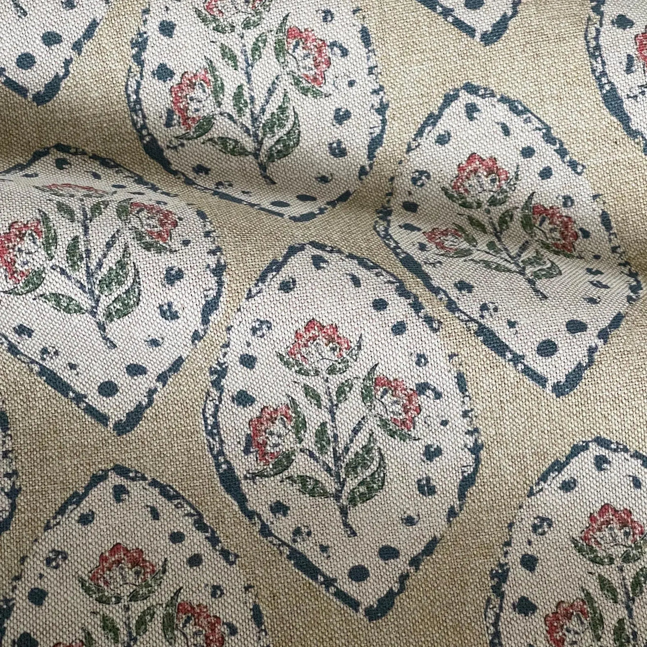 Floral medallion linen-look cotton fabric with red and blue flowers on beige background
