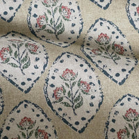 Thumbnail for Floral medallion linen-look cotton fabric with red and blue flowers on beige background