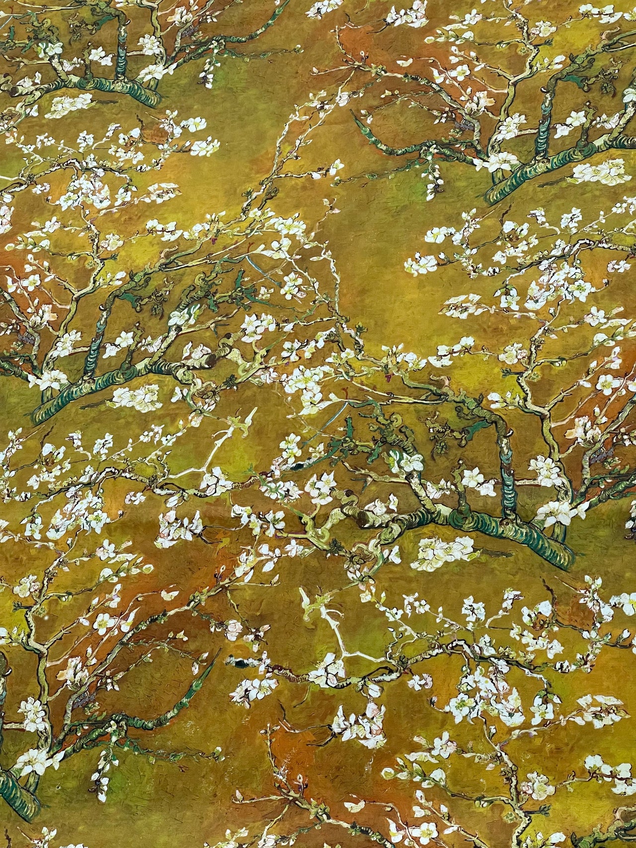 Artistic cotton fabric with green and orange cherry blossom design