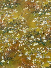 Thumbnail for Artistic cotton fabric with green and orange cherry blossom design
