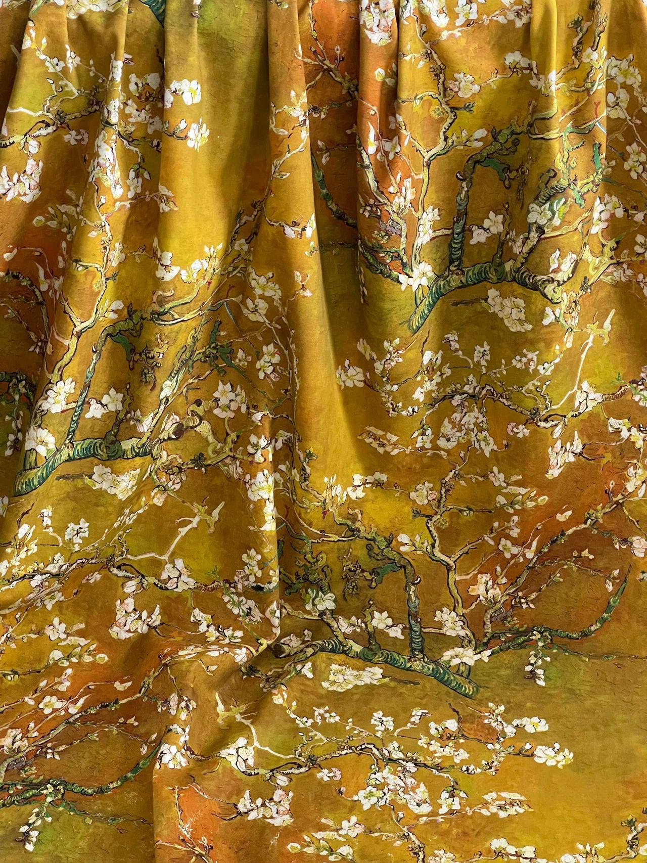 Decorative floral fabric in yellow with vintage almond blossom print