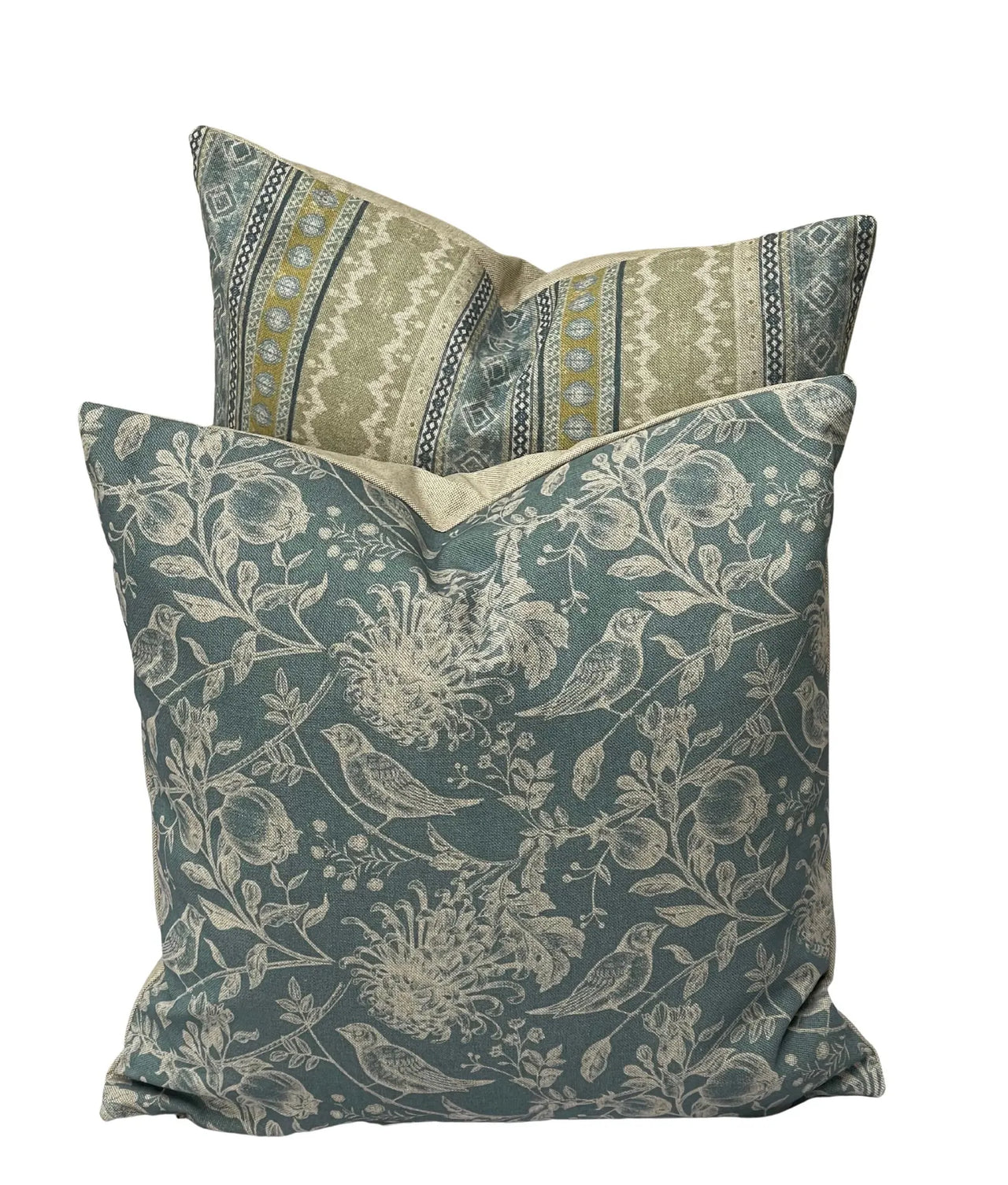 Cottagecore robin print cushion cover on linen-look cotton