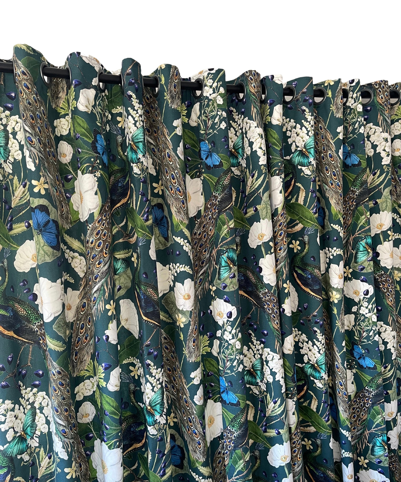 Nature print fabric with peacock details.