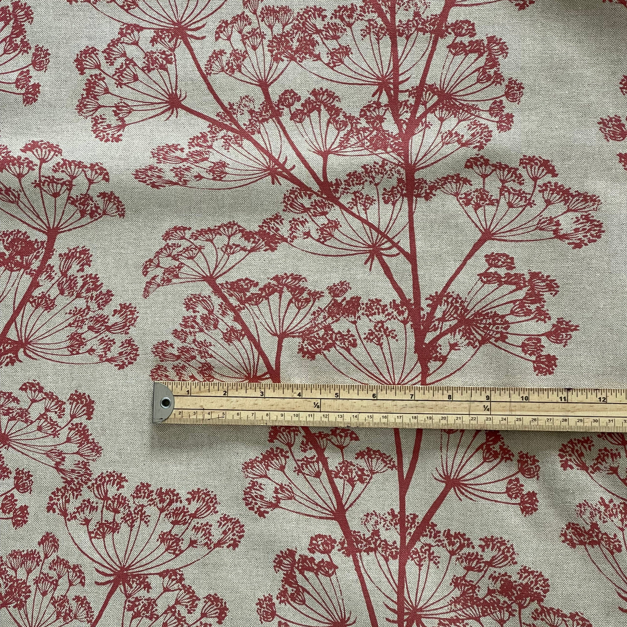 Red botanical cotton blend fabric for curtains and soft furnishings
