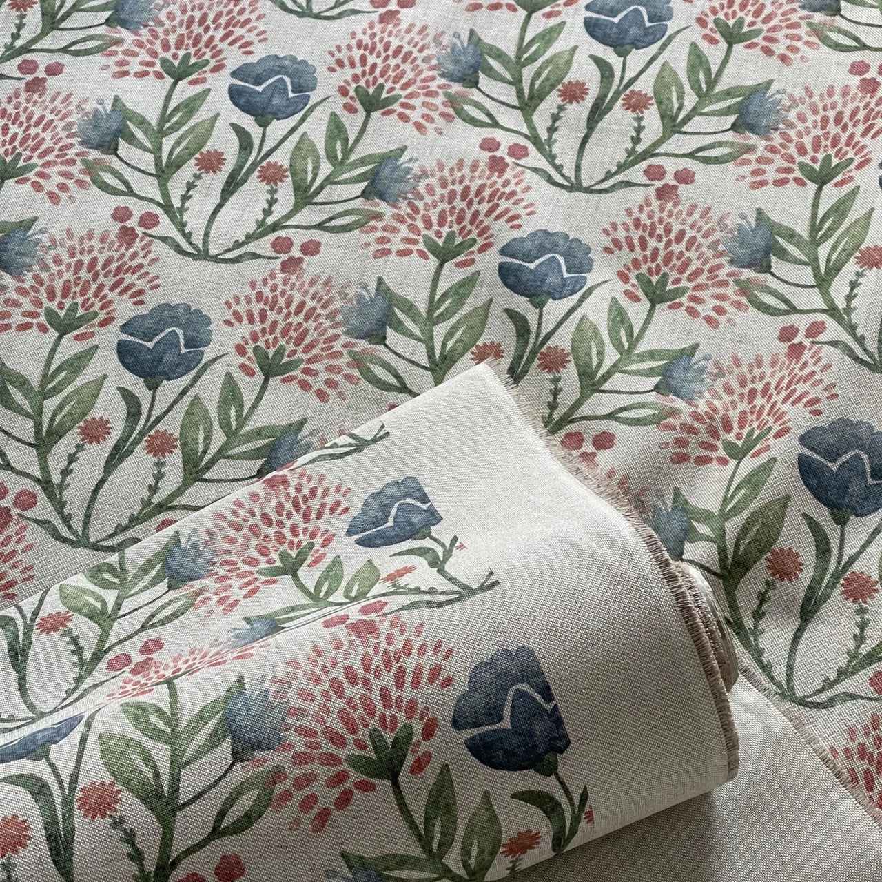 Country-inspired cotton linen fabric with hand-painted floral design