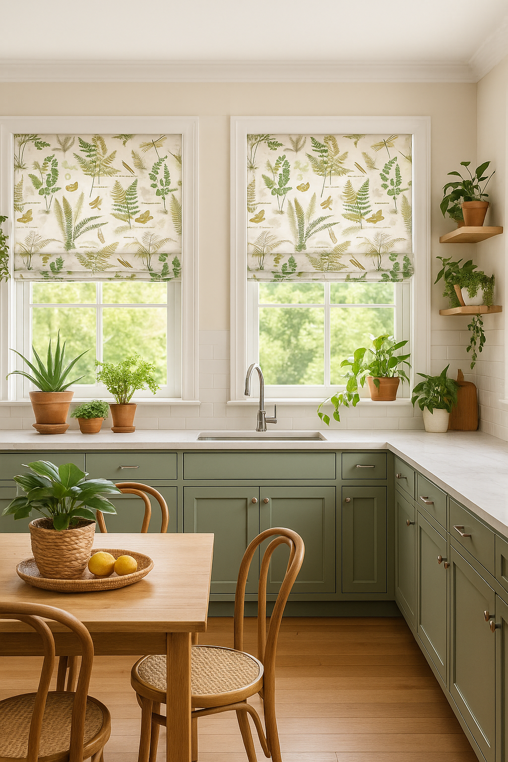 Serene kitchen style with green blinds