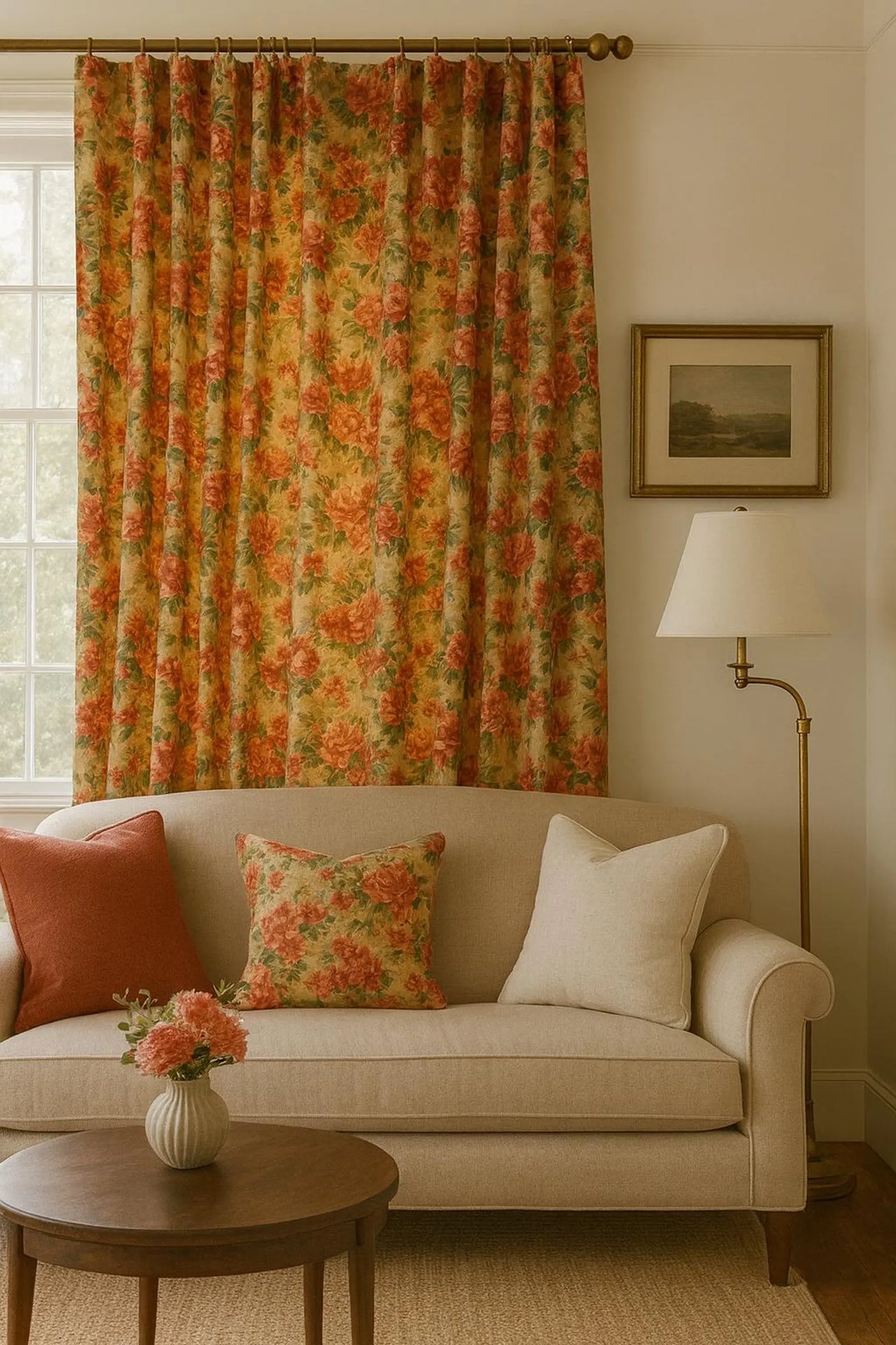 Elegant full-length curtains made from Vintage Rose Garden cotton floral fabric, displaying a classic rose pattern in warm pink and green tones, hanging on a brass curtain rod in a traditional interior.