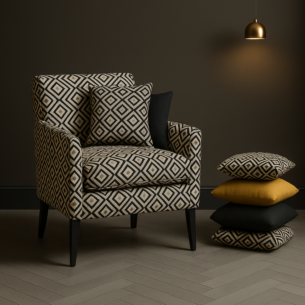 A stylish armchair upholstered in a bold black, white, and gold diamond-patterned fabric sits against a deep brown wall. It is paired with three cushions—one in the same geometric fabric, one solid black, and one solid gold. To the side, a neatly stacked set of four cushions repeats the pattern: diamond, gold, black, and diamond. The setting features a light gray herringbone floor and a minimal gold pendant light, creating a modern, elegant interior.