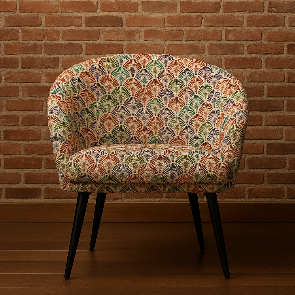 Beige bow and arch pattern textile on modern chair.