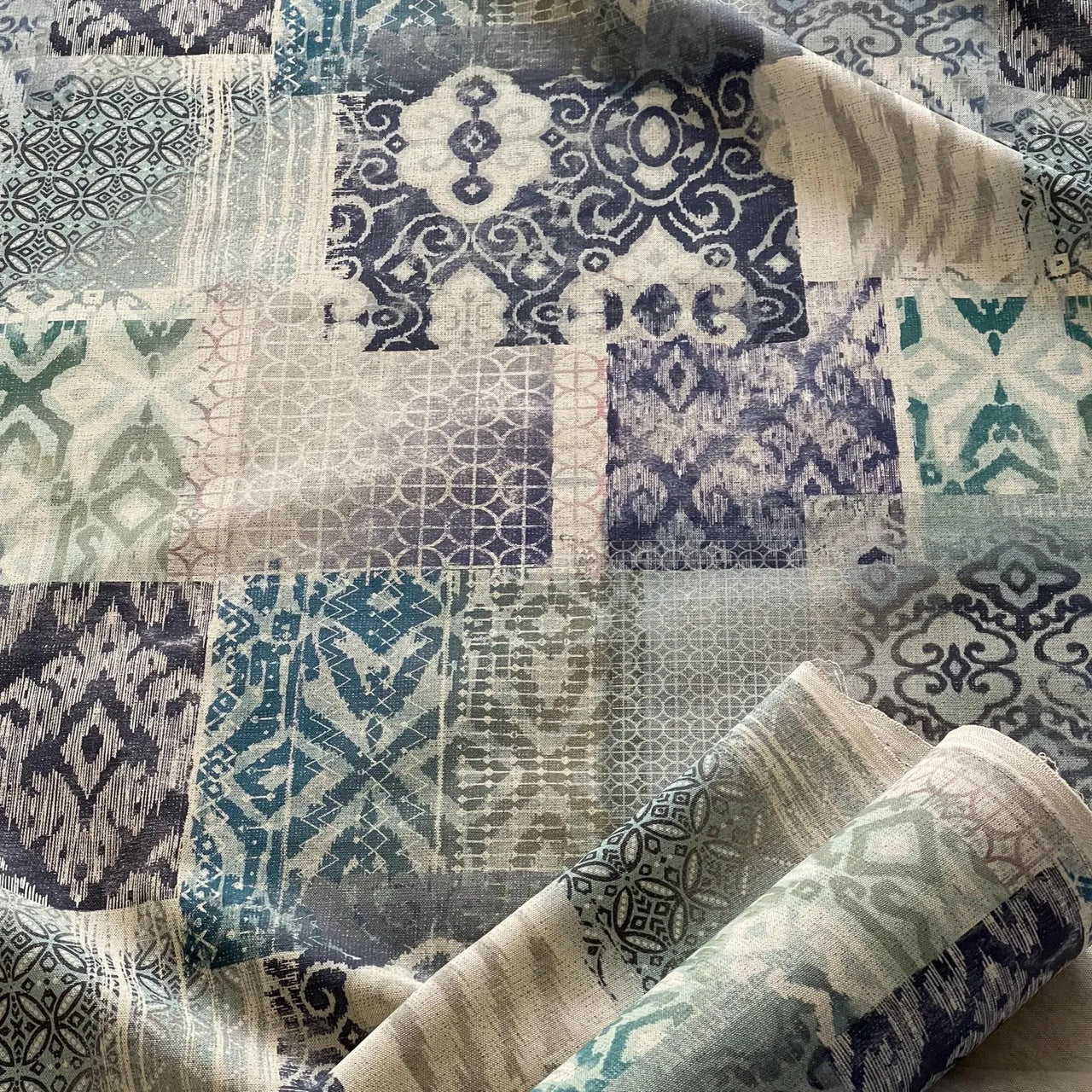 Linen look cotton fabric with contemporary mosaic design