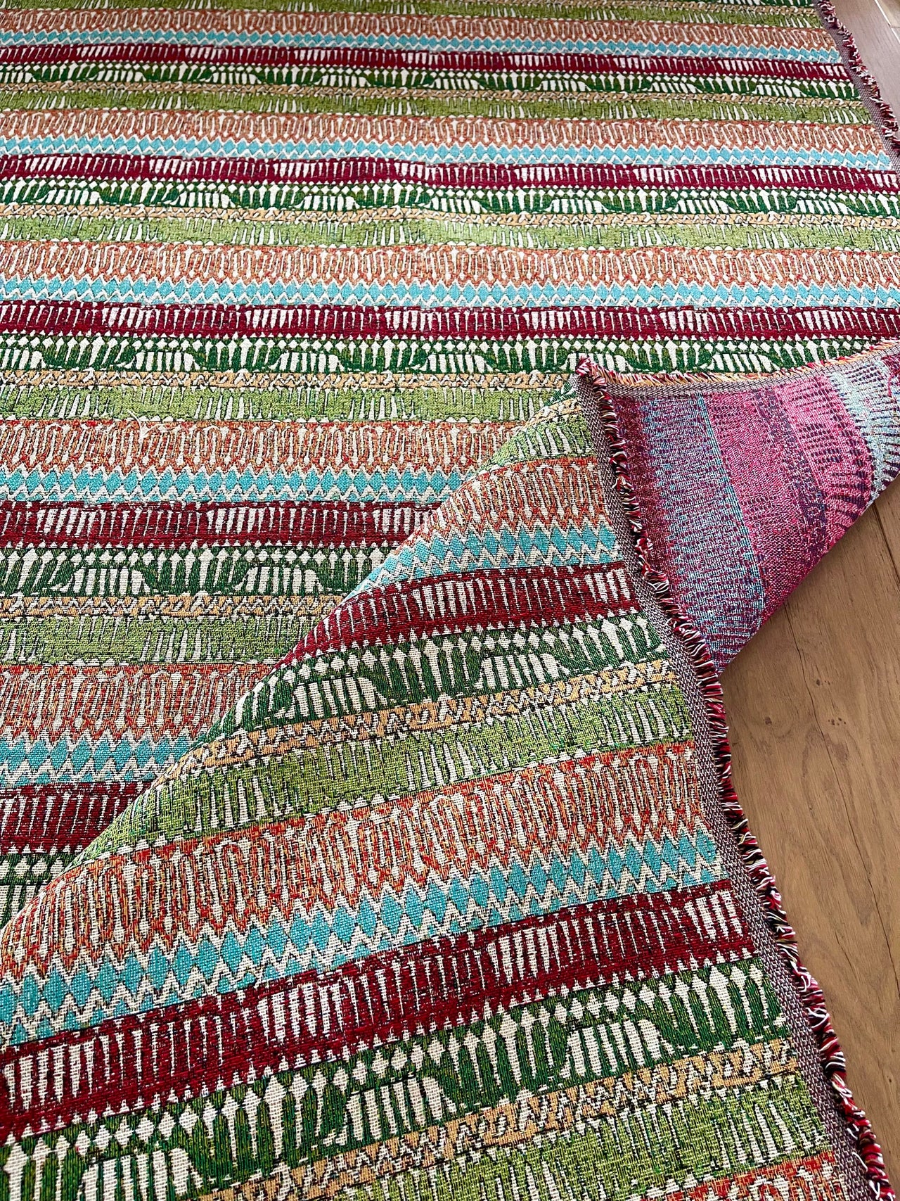 Cherry red and green kilim fabric detail