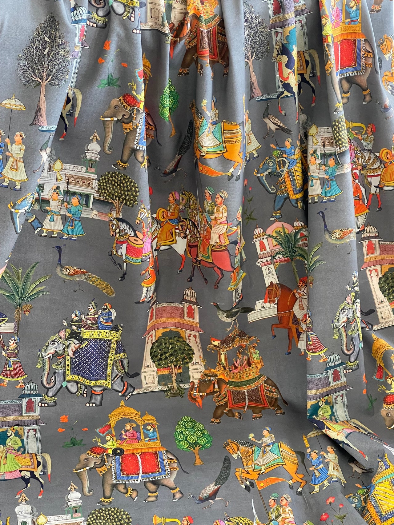 Bohemian cotton fabric for window drapes featuring Indian royalty and elephants