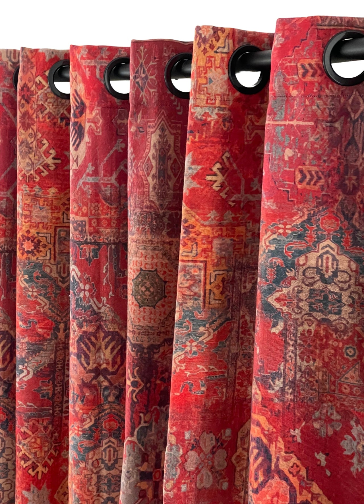 Persian-style kilim pattern printed cotton textile.