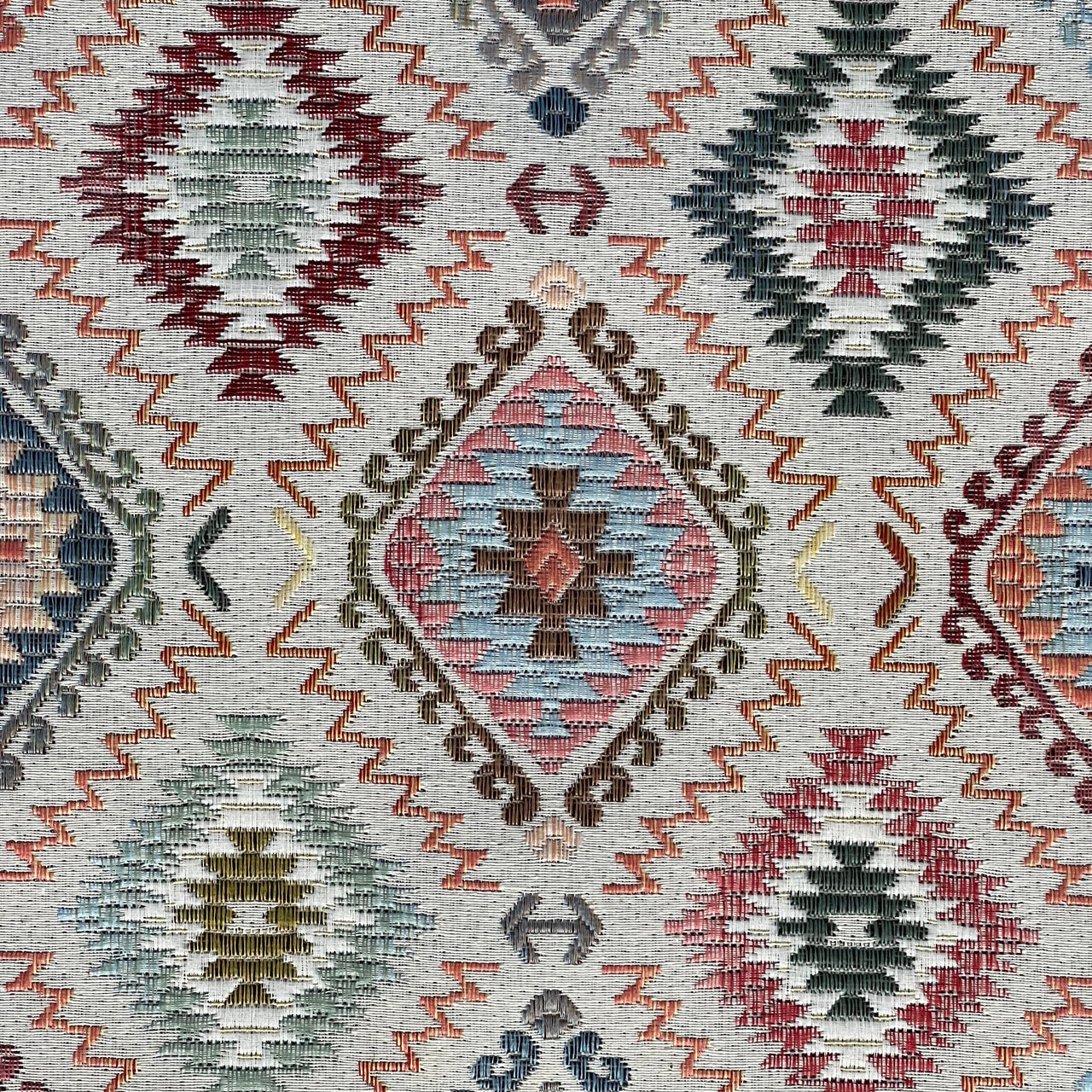 Ecru background fabric with Indian rug motif