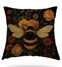 Thumbnail for Golden bee velvet cushion cover with dark floral botanical background