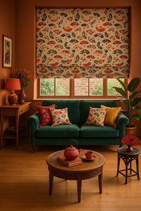 Thumbnail for Elegant oriental fan motif cotton textile in red, blue, and gold