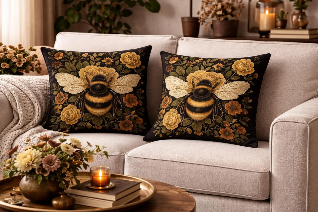 Pair of golden bee velvet cushion covers on neutral sofa