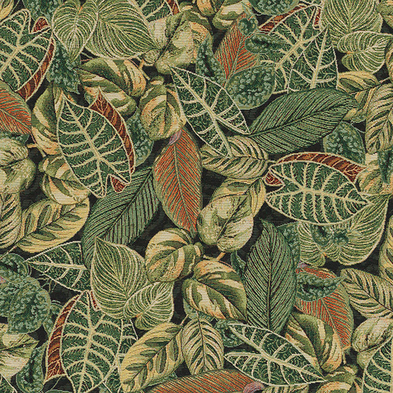 Tropical foliage woven fabric with green and mustard leaves.