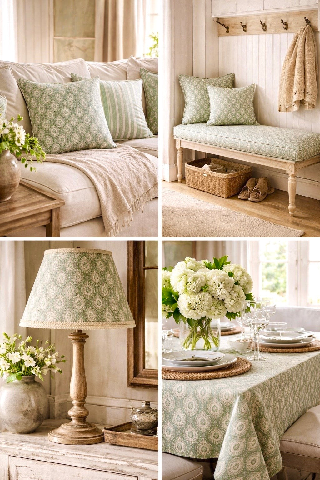 Collage of home decor elements including a sofa, bench, lamp, and table setting.