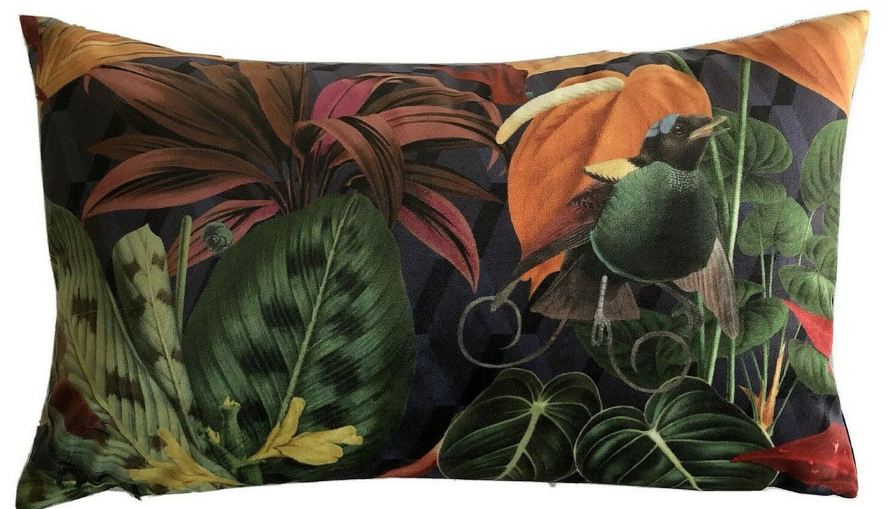 Boho tropical print cushion with dark floral background