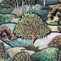 Thumbnail for Textile pattern with stylized trees and foliage in a natural landscape.