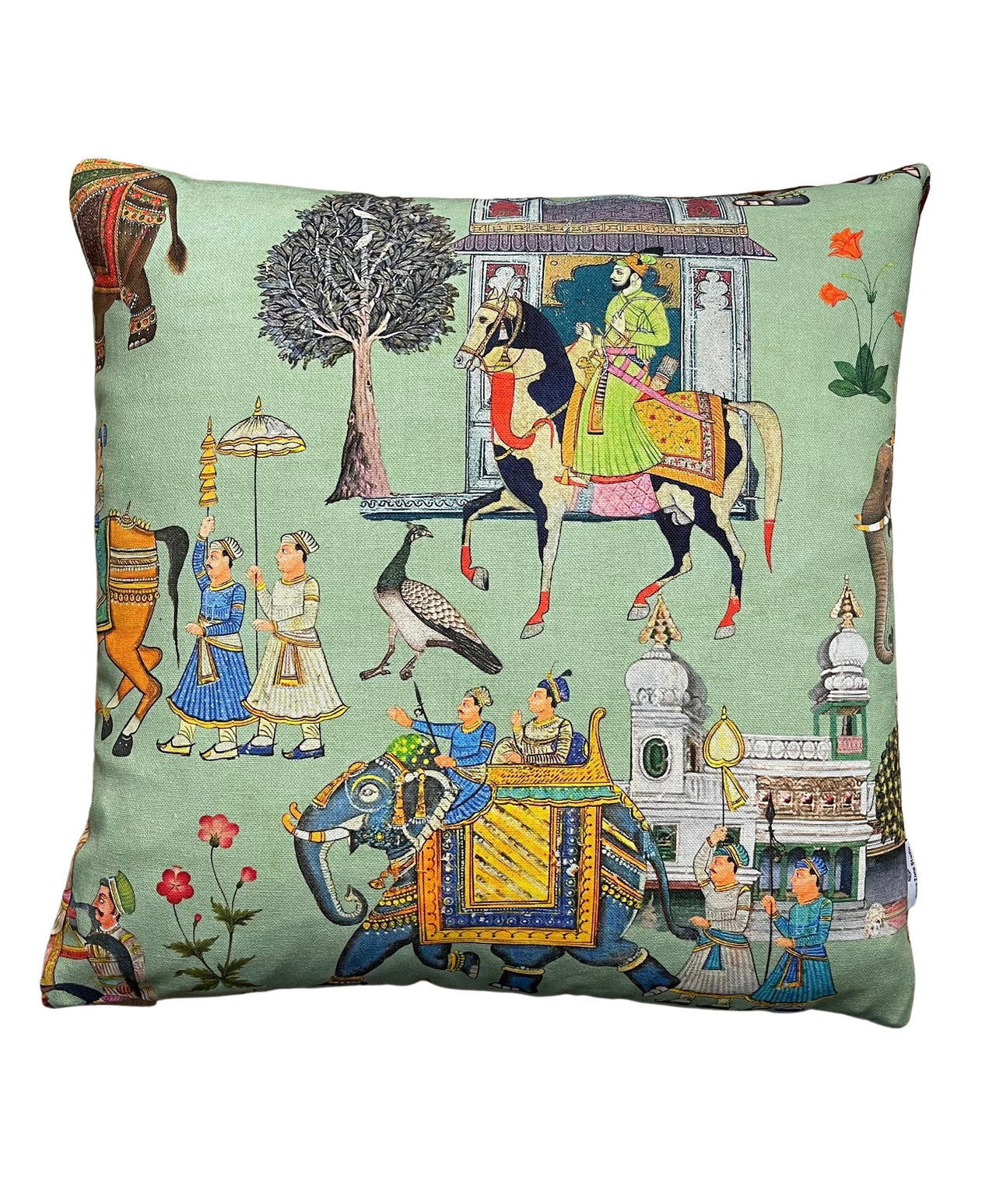 Exotic Palace-Themed Pillow Cover with Cultural Motifs – Peacock, Riders, Temples on Green Fabric

