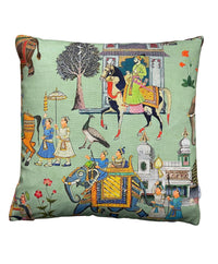 Thumbnail for Exotic Palace-Themed Pillow Cover with Cultural Motifs – Peacock, Riders, Temples on Green Fabric

