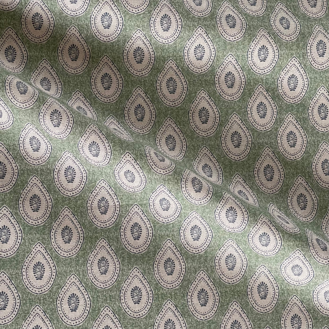 Bohemian green fabric with classic teardrop paisley shapes