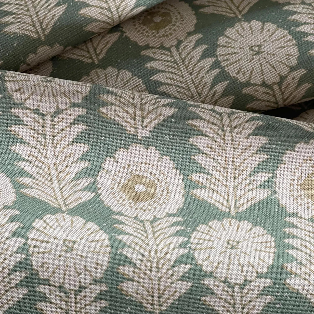 Apple green upholstery fabric with ivory folk floral pattern for home decor