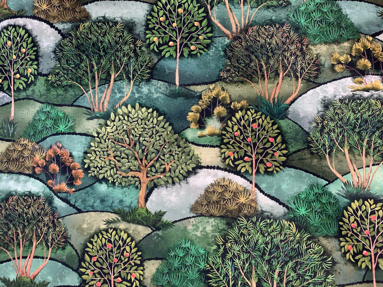 Illustration of a forest landscape with various trees and bushes.