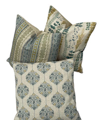 Thumbnail for Set of coordinated cotton-linen cushion covers with botanical and geometric patterns in green and teal.