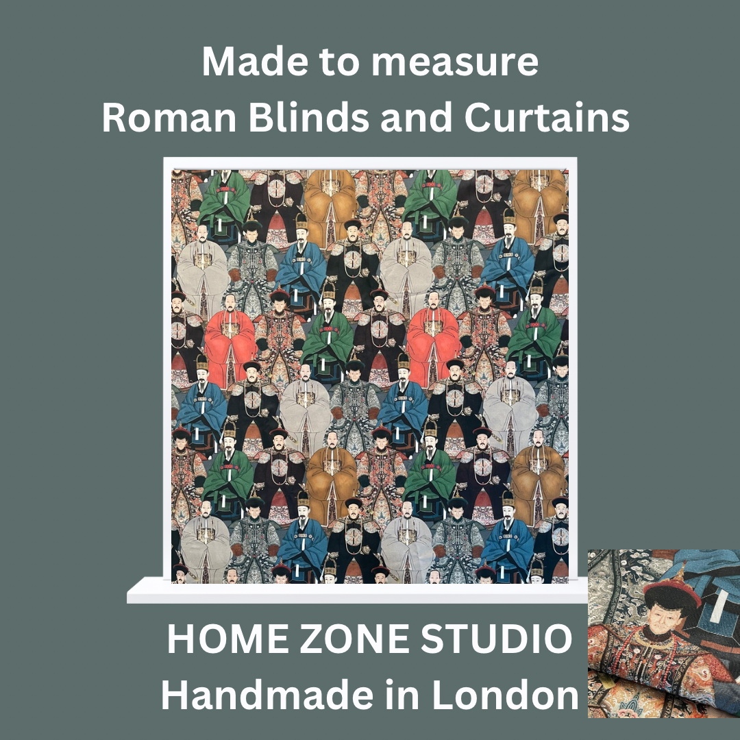 Roman blinds and curtains with a pattern of people on a green background, featuring Home Zone Studio branding.