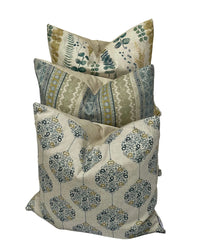 Thumbnail for Set of cotton-linen cushion covers including Eucalyptus Meadow botanical design in coordinated green and teal patterns.