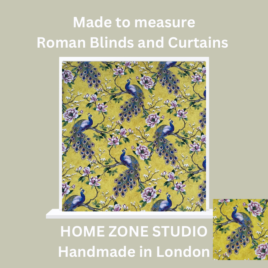 Roman blind with peacock and floral pattern on a yellow background, with 'HOME ZONE STUDIO' branding.