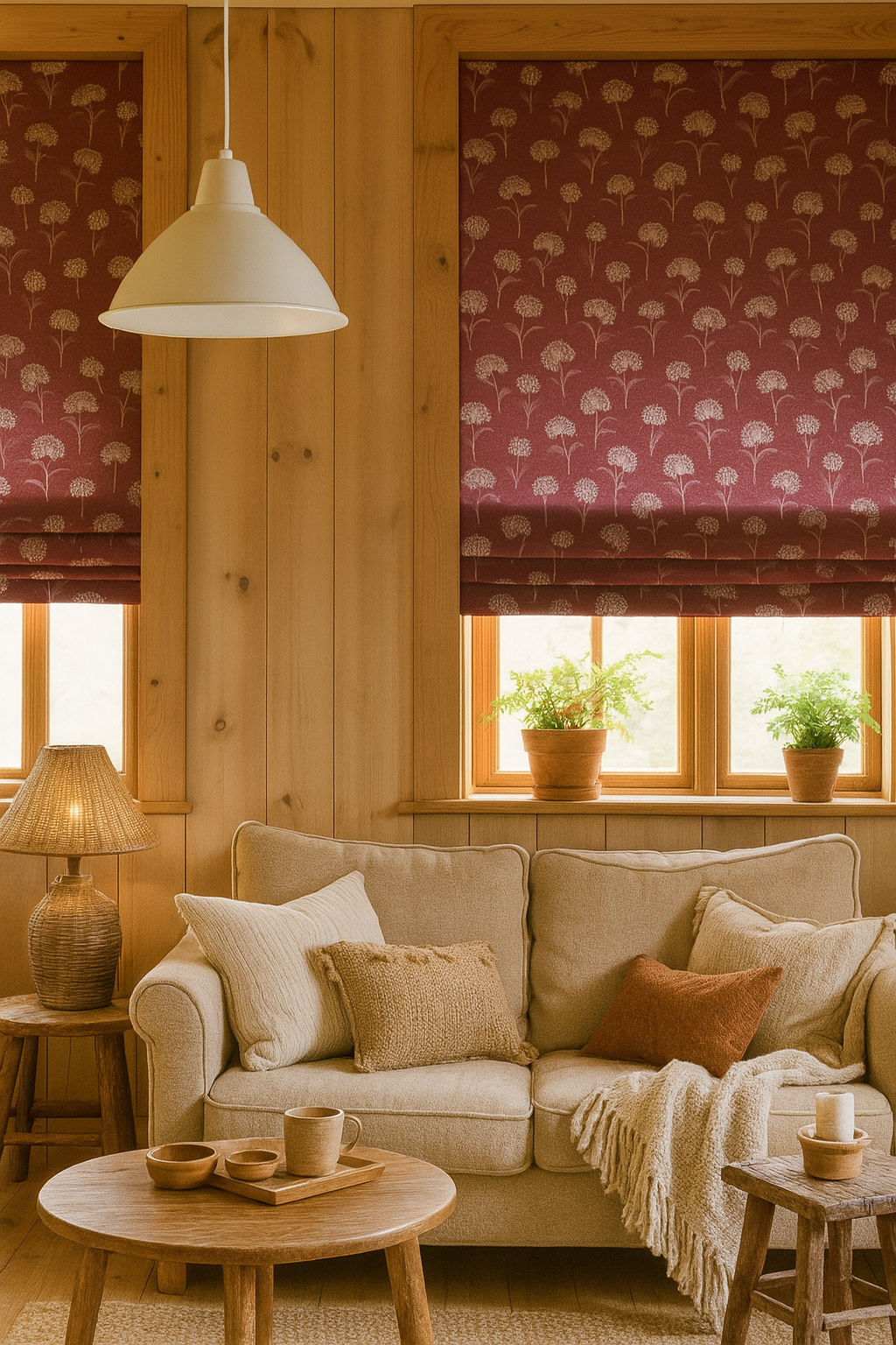 Earthy Scandinavian room with floral dandelion blinds