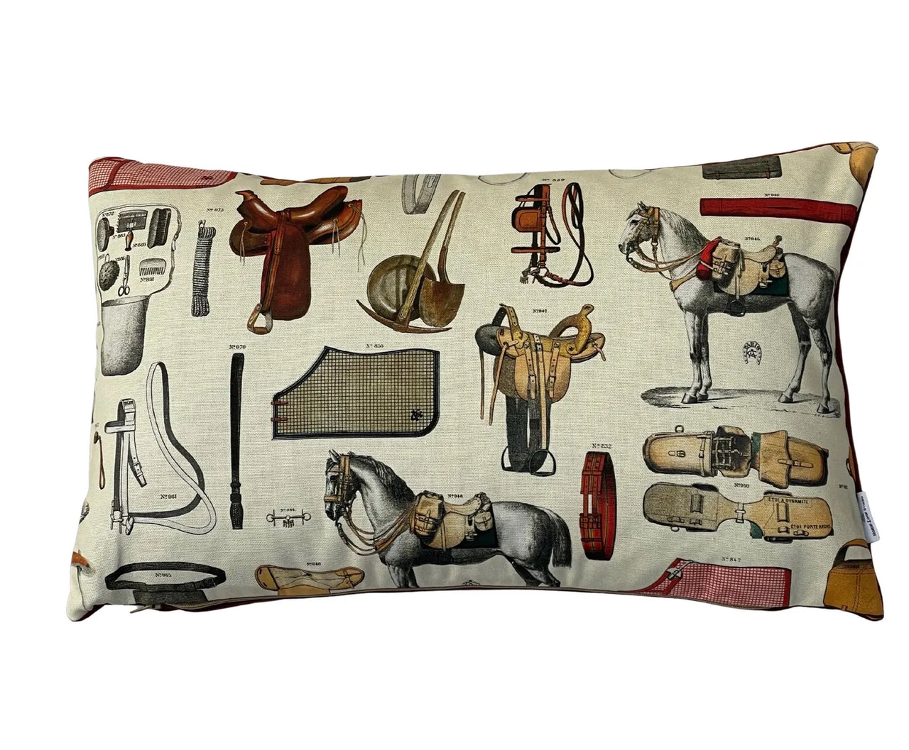 Horse and saddle motif on cream cotton with crisp overlocked seams.