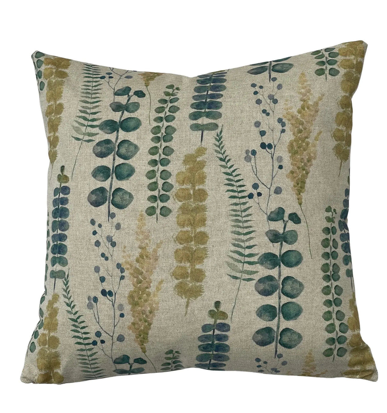 Cotton-linen cushion featuring teal and green eucalyptus leaves and ferns.