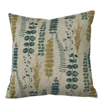 Thumbnail for Cotton-linen cushion featuring teal and green eucalyptus leaves and ferns.