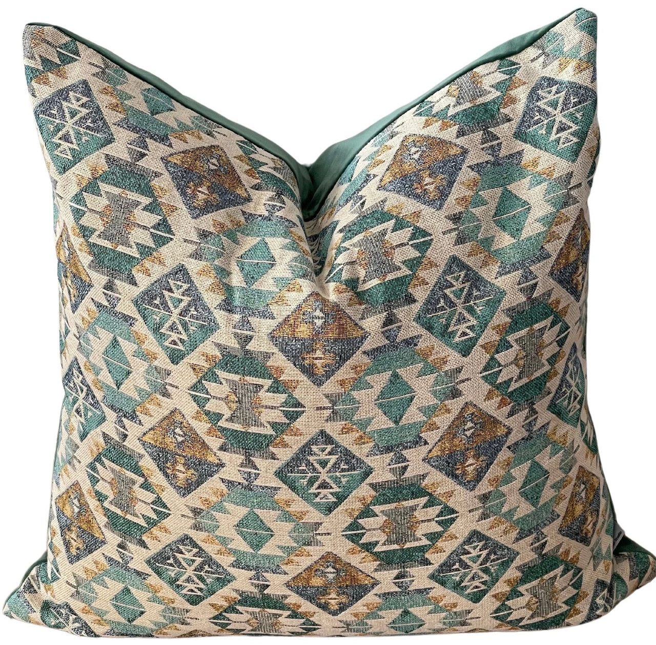 Green and beige kilim cushion cover with tribal pattern