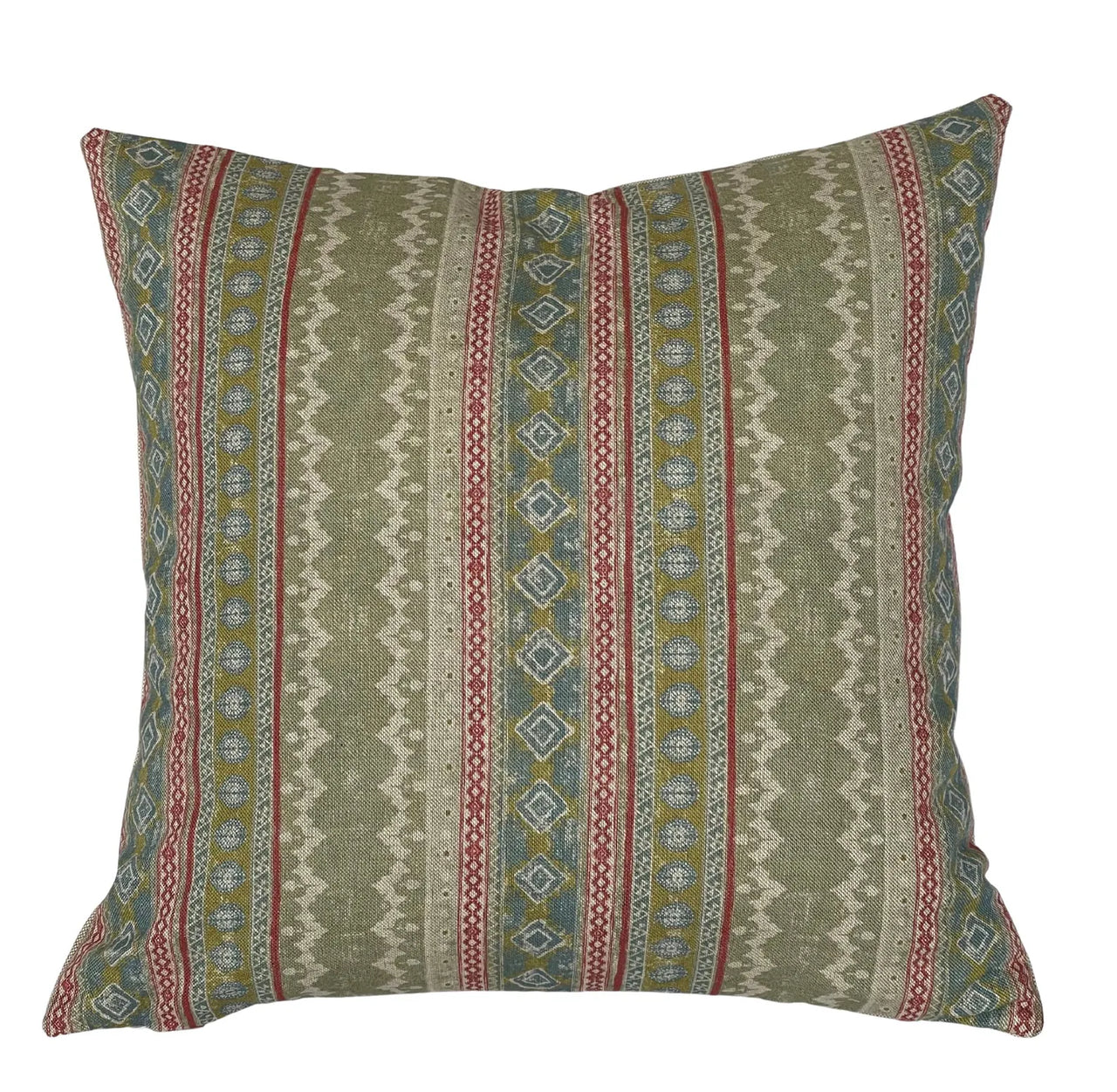 Blush pink and sage striped pillow cover on oatmeal background
