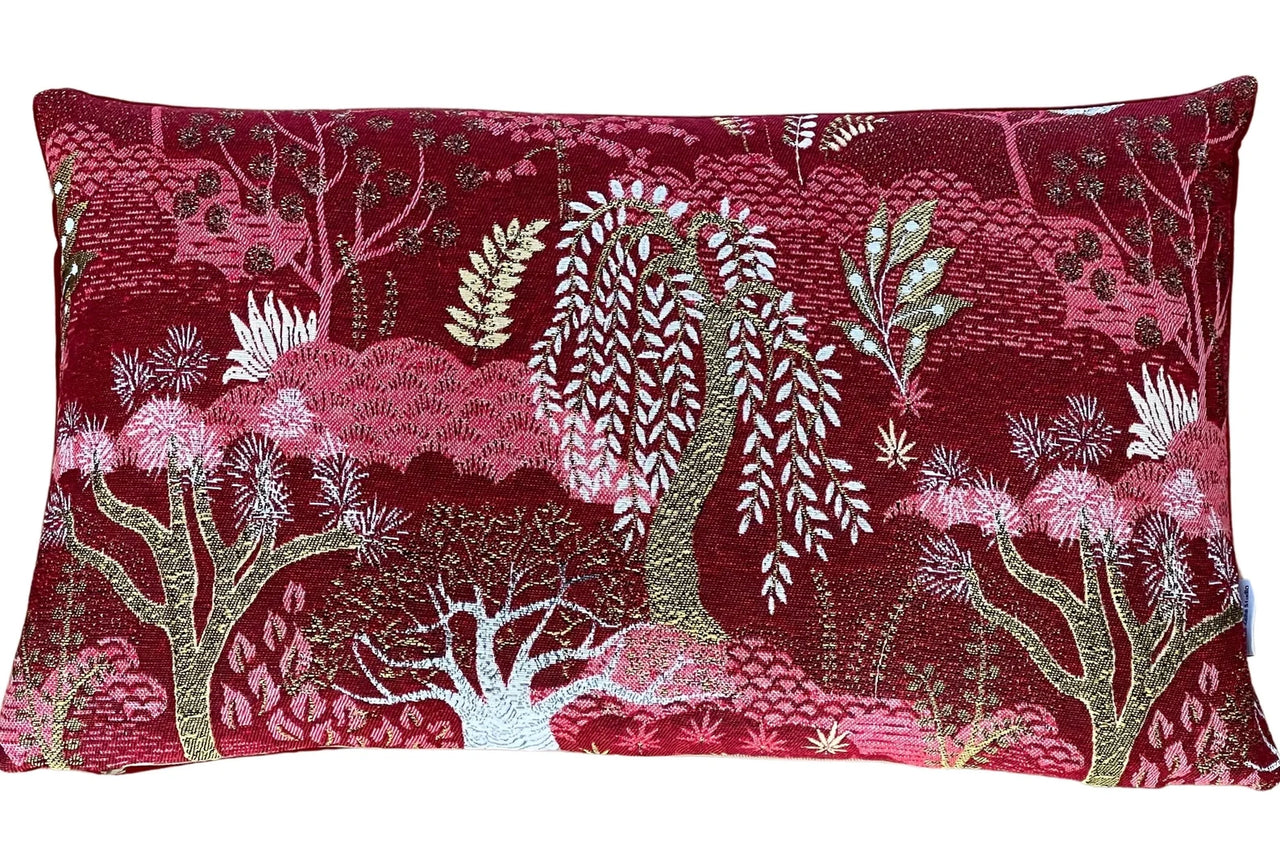 Gold detailed botanical pillow cover in red fabric