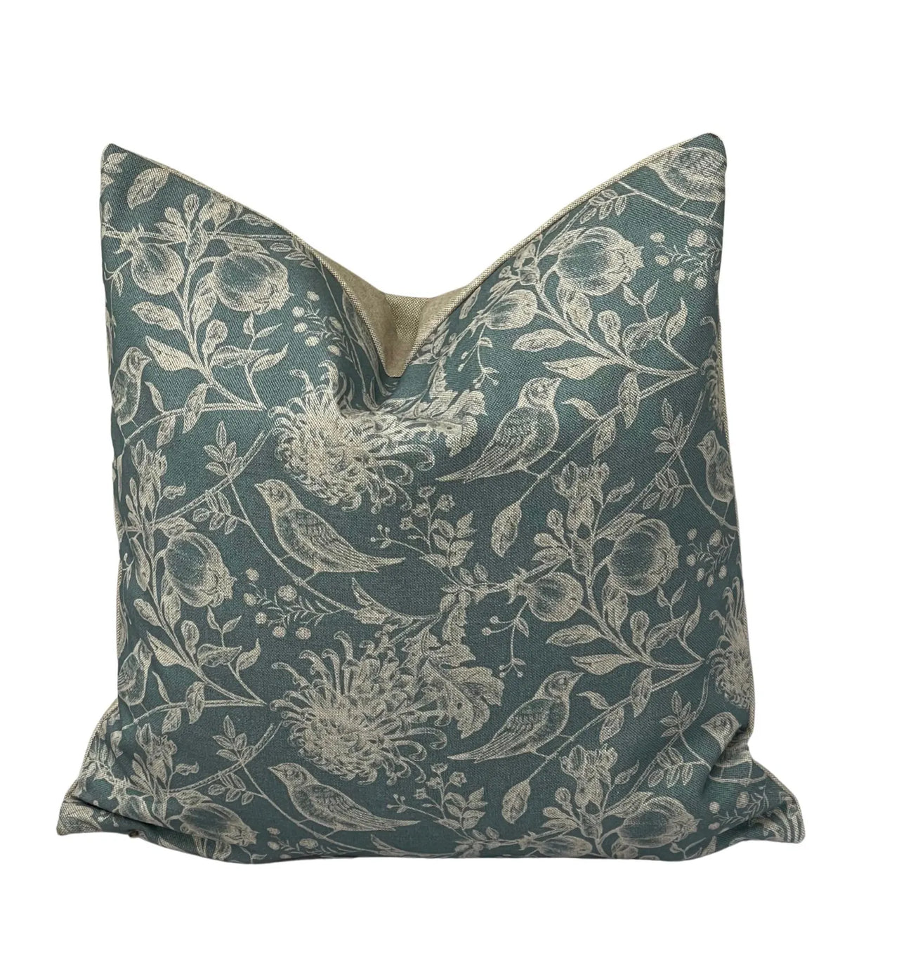 Steel blue linen-look cushion cover with cream robin and floral print